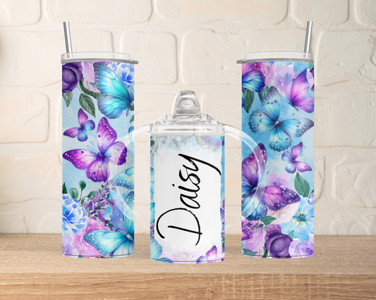 Mini me tumbler gift set - Personalised purple butterflies.