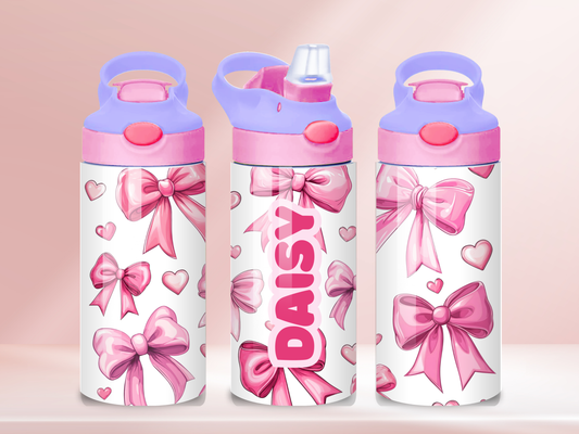 Pink Bows Personalised - 12oz flip straw water bottle