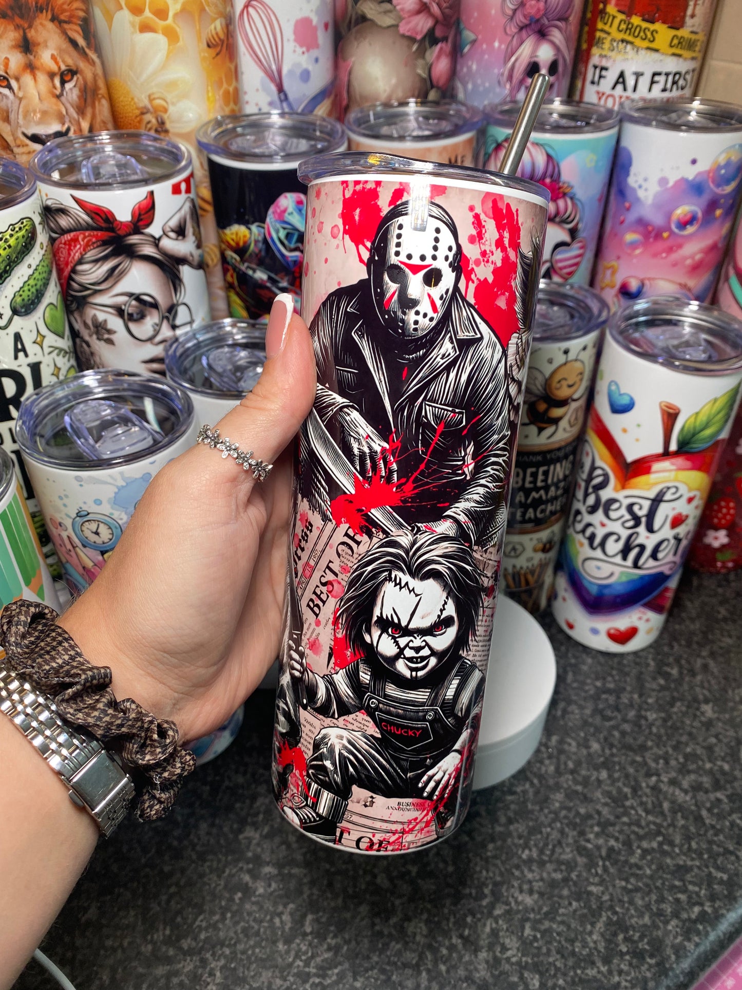 Horror characters - pink- 20oz tumbler