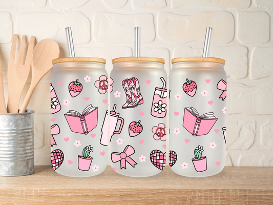 Pink Book & Cowboy boots 16oz Libbey can