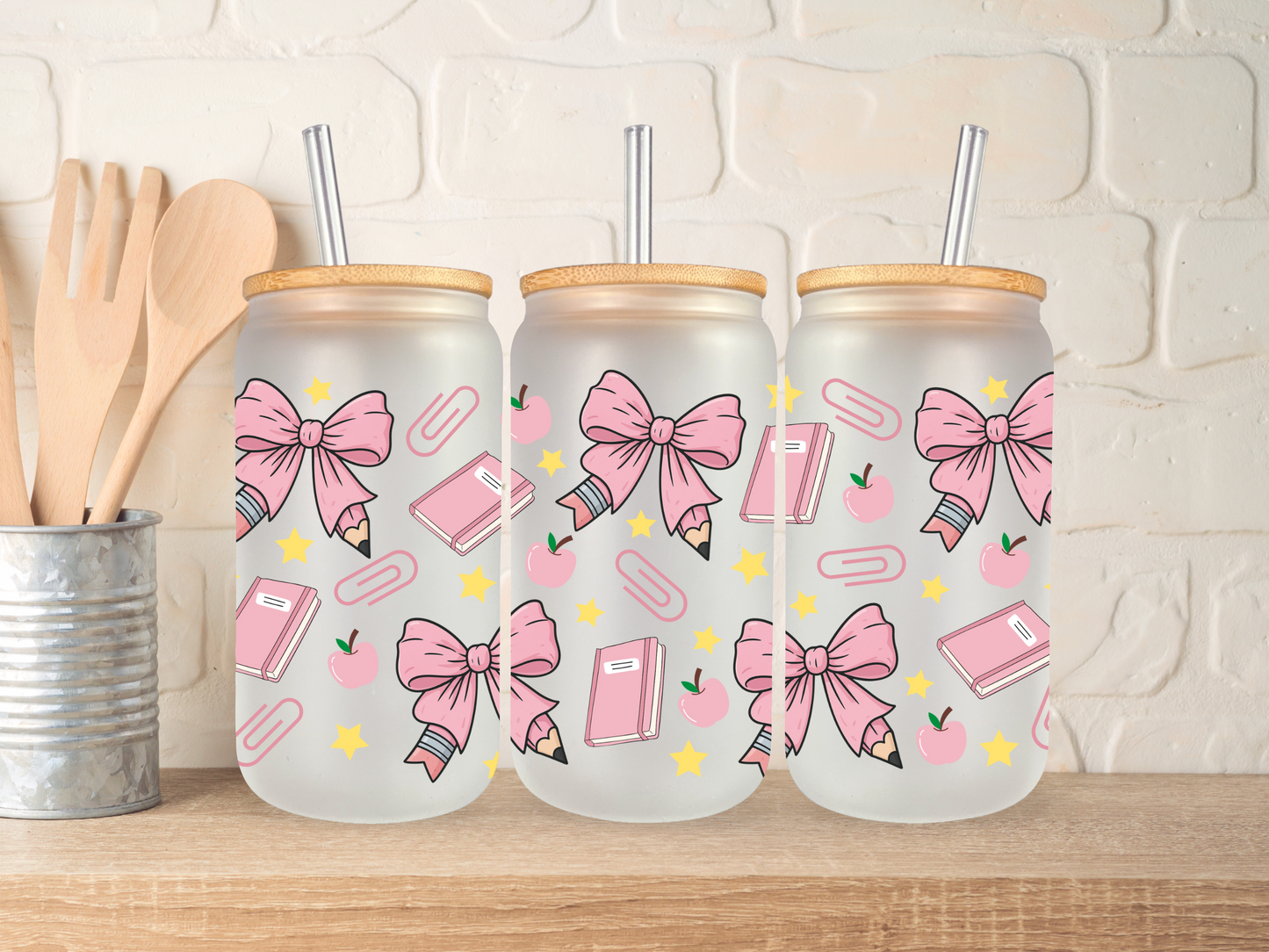 Teacher Coquette Pink Bows - 16oz Libbey can