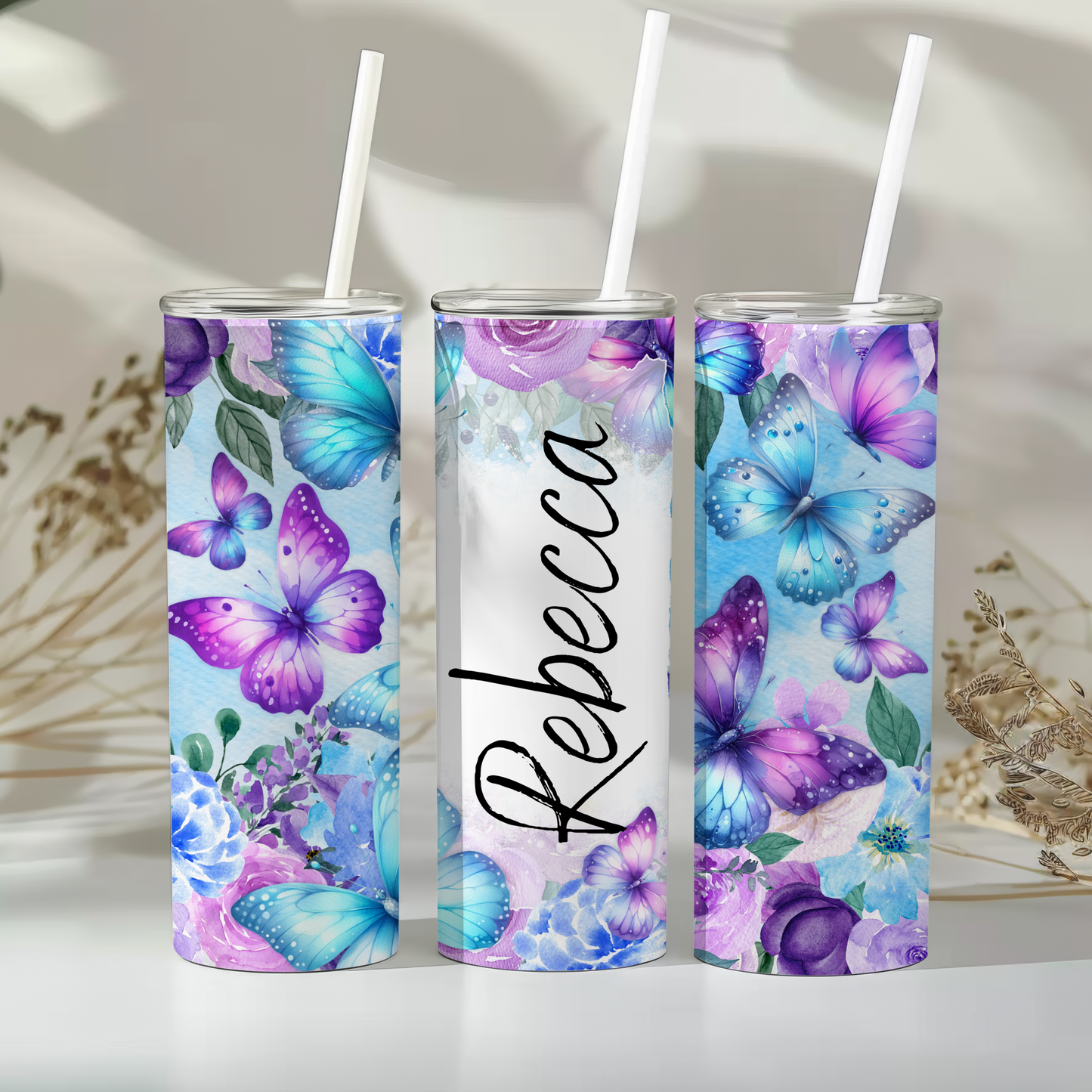 Personalised purple butterlies - 20oz tumbler