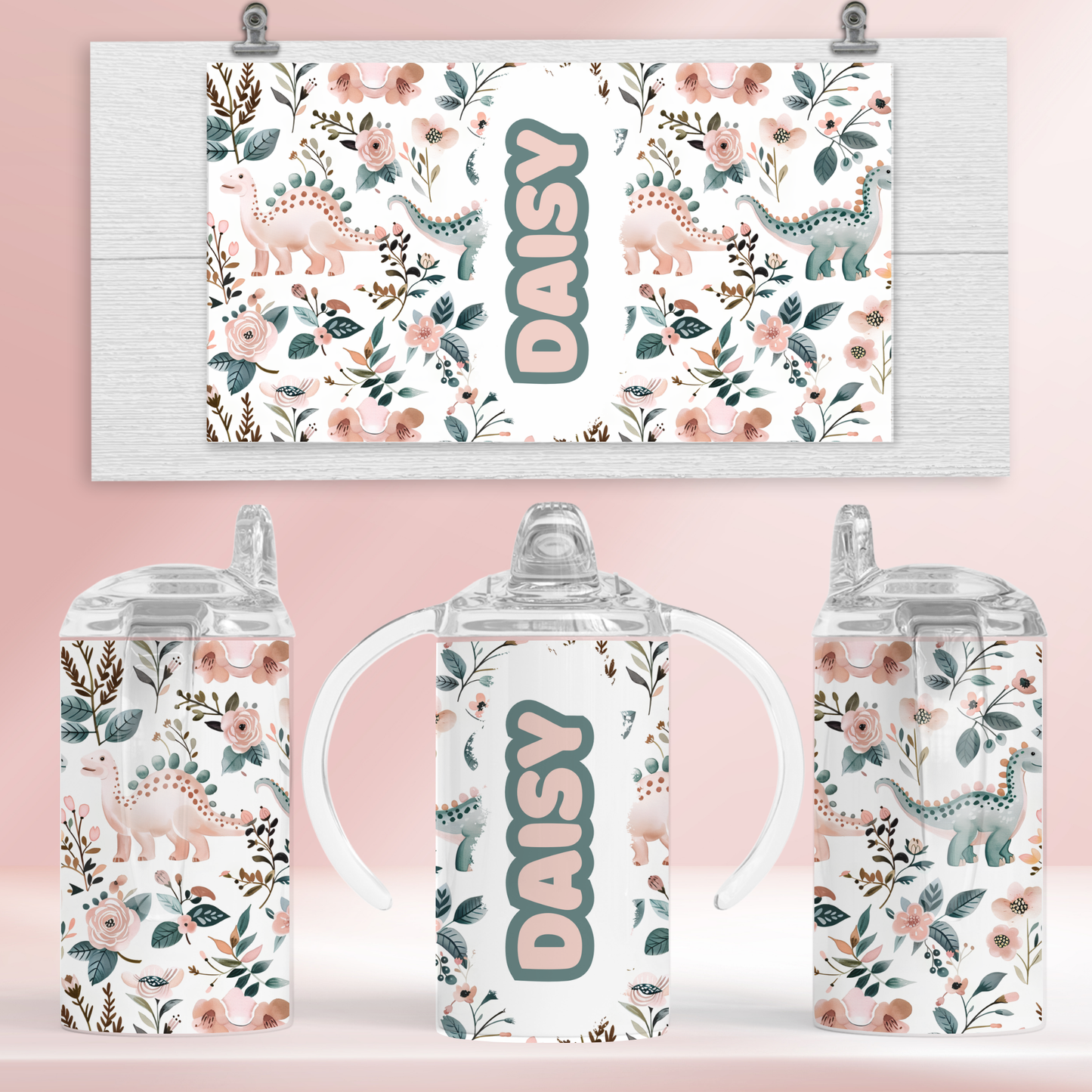 Personalised pink dinosaur - 12oz standard/sippy tumbler