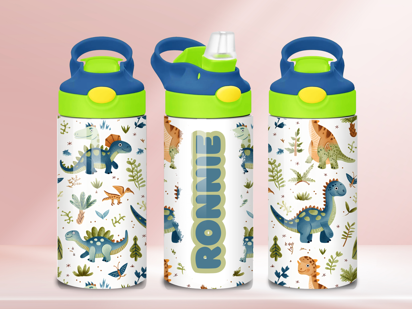 Dinosaur Personalised - 12oz flip straw water bottle
