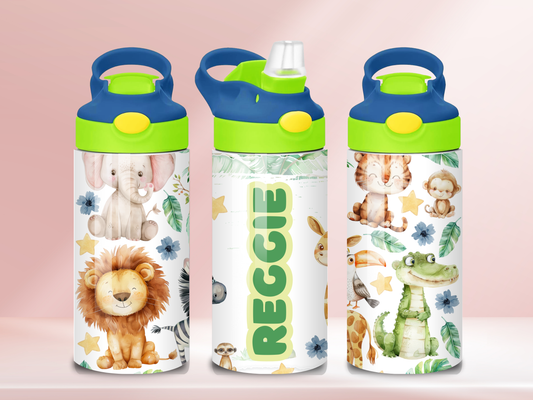 Safari Animals Personalised - 12oz flip straw water bottle