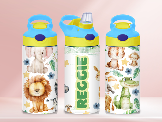 Safari Animals Personalised - 12oz flip straw water bottle