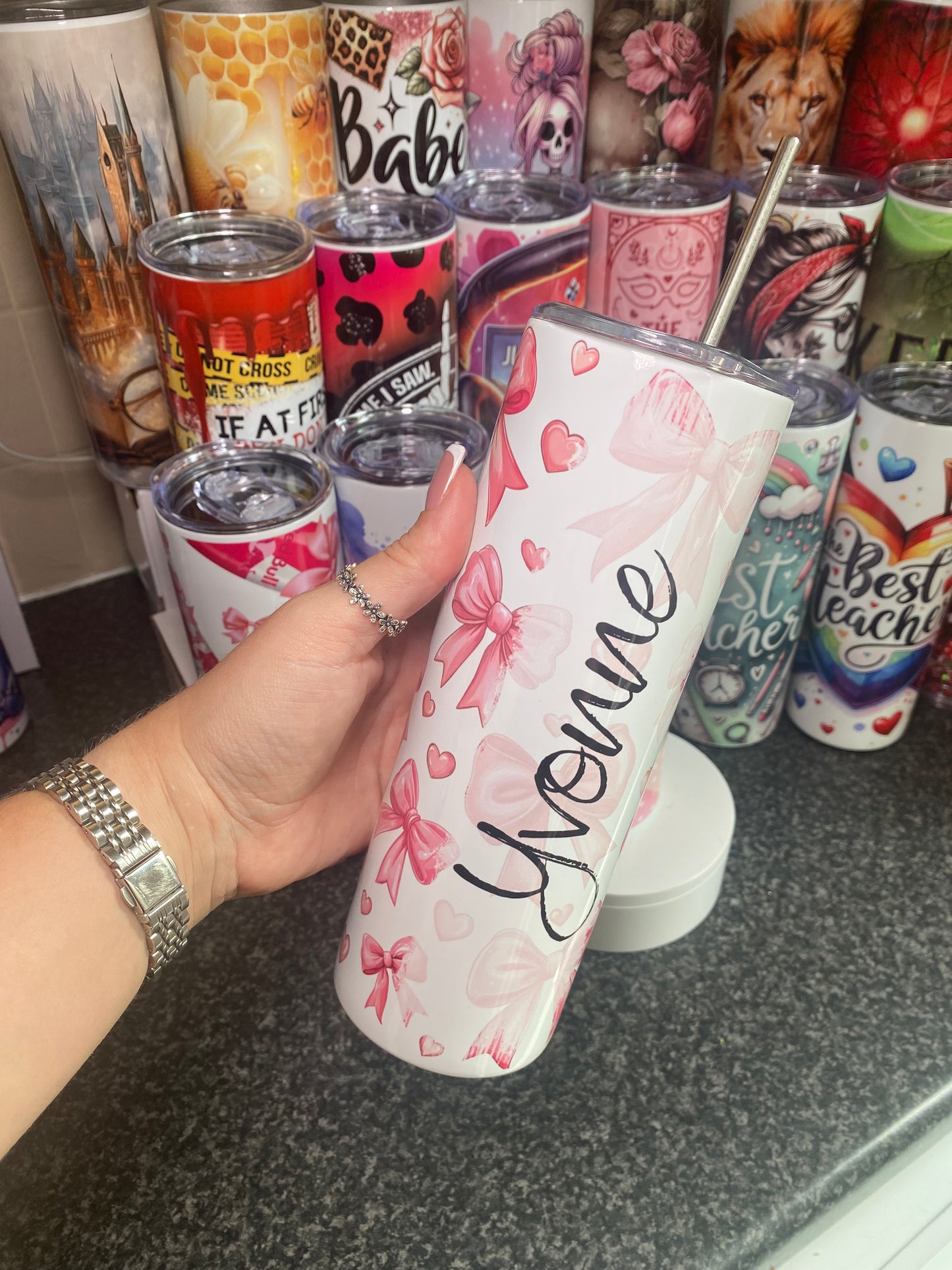 Pink bows - personalised- 20oz tumbler