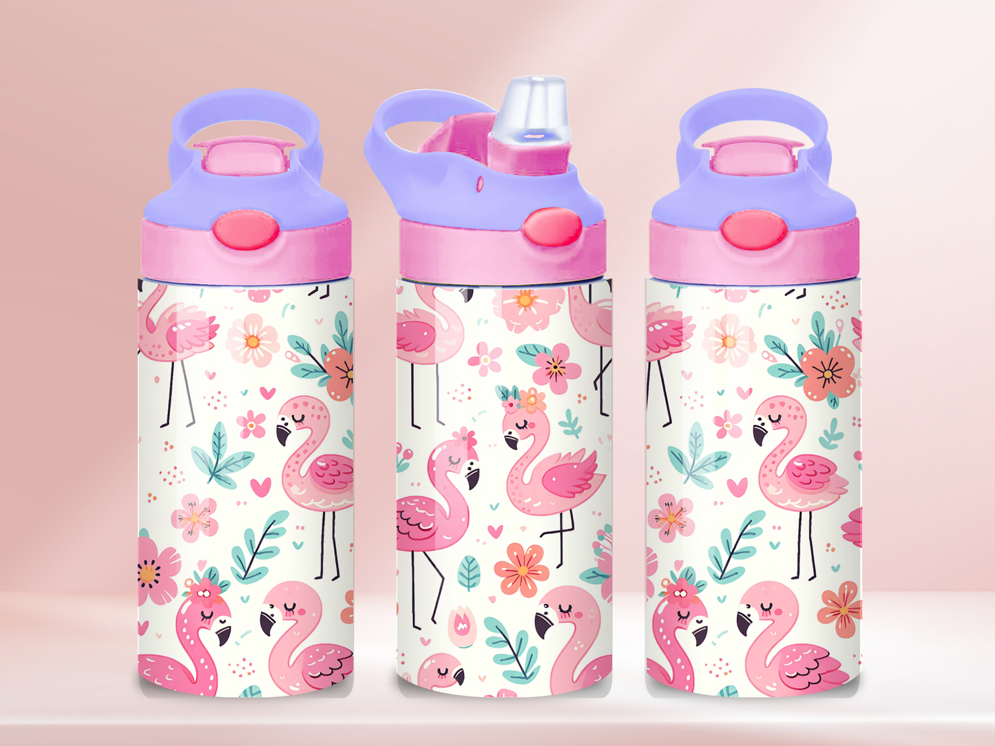 Flamingos - 12oz flip straw water bottle