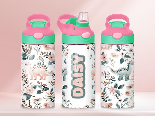 Pink Dinosaur personalised- 12oz flip straw water bottle
