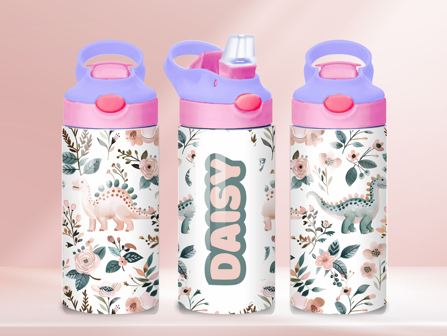 Pink Dinosaur personalised- 12oz flip straw water bottle