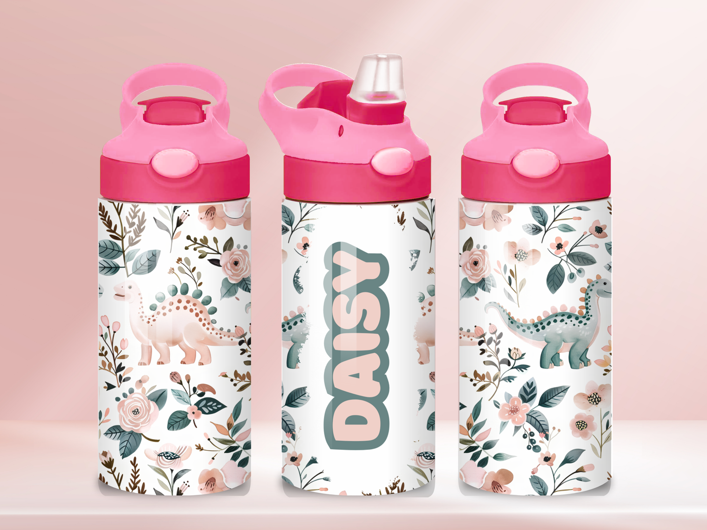 Pink Dinosaur personalised- 12oz flip straw water bottle