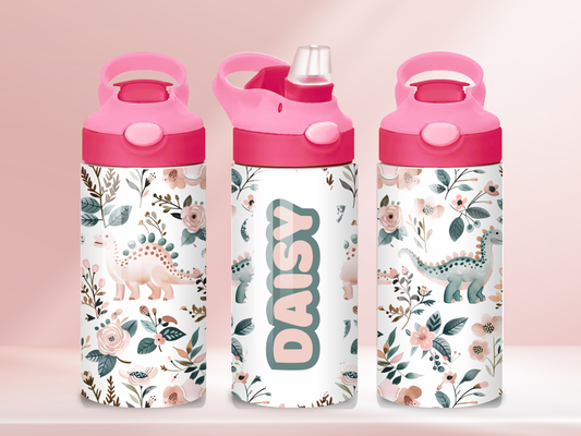 Pink Dinosaur personalised- 12oz flip straw water bottle