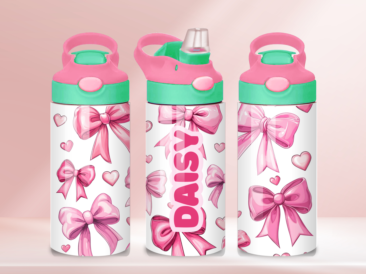 Pink Bows Personalised - 12oz flip straw water bottle