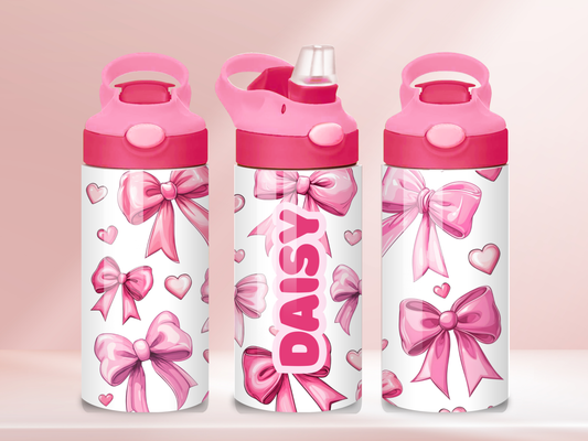Pink Bows Personalised - 12oz flip straw water bottle