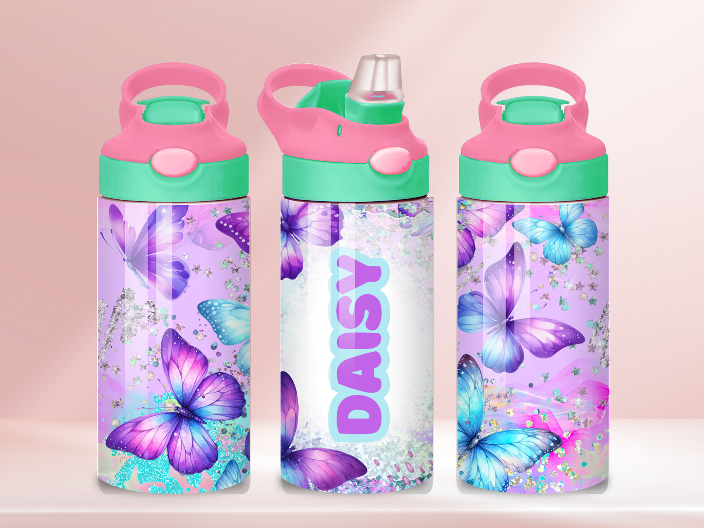 Purple Butterflies Personalised - 12oz flip straw water bottle