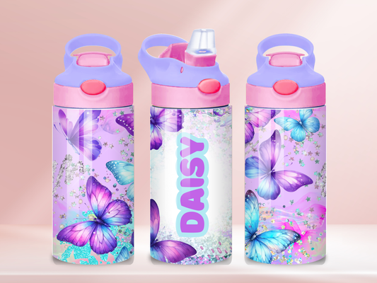 Purple Butterflies Personalised - 12oz flip straw water bottle