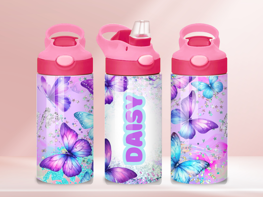 Purple Butterflies Personalised - 12oz flip straw water bottle