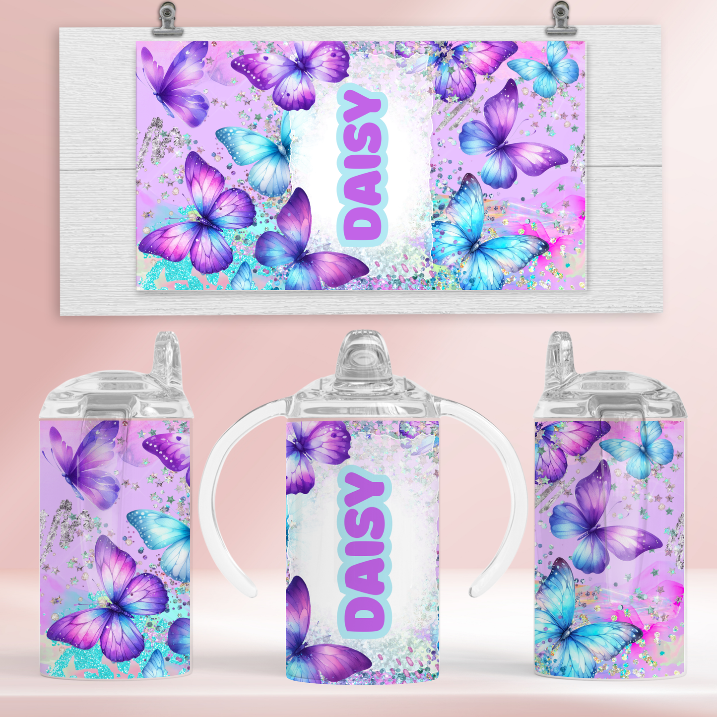 Purple butterflies personalised - 12oz standard/sippy tumbler