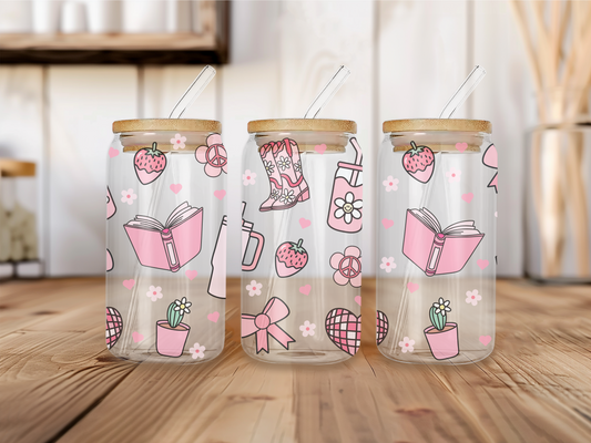 Pink Book & Cowboy boots 16oz Libbey can