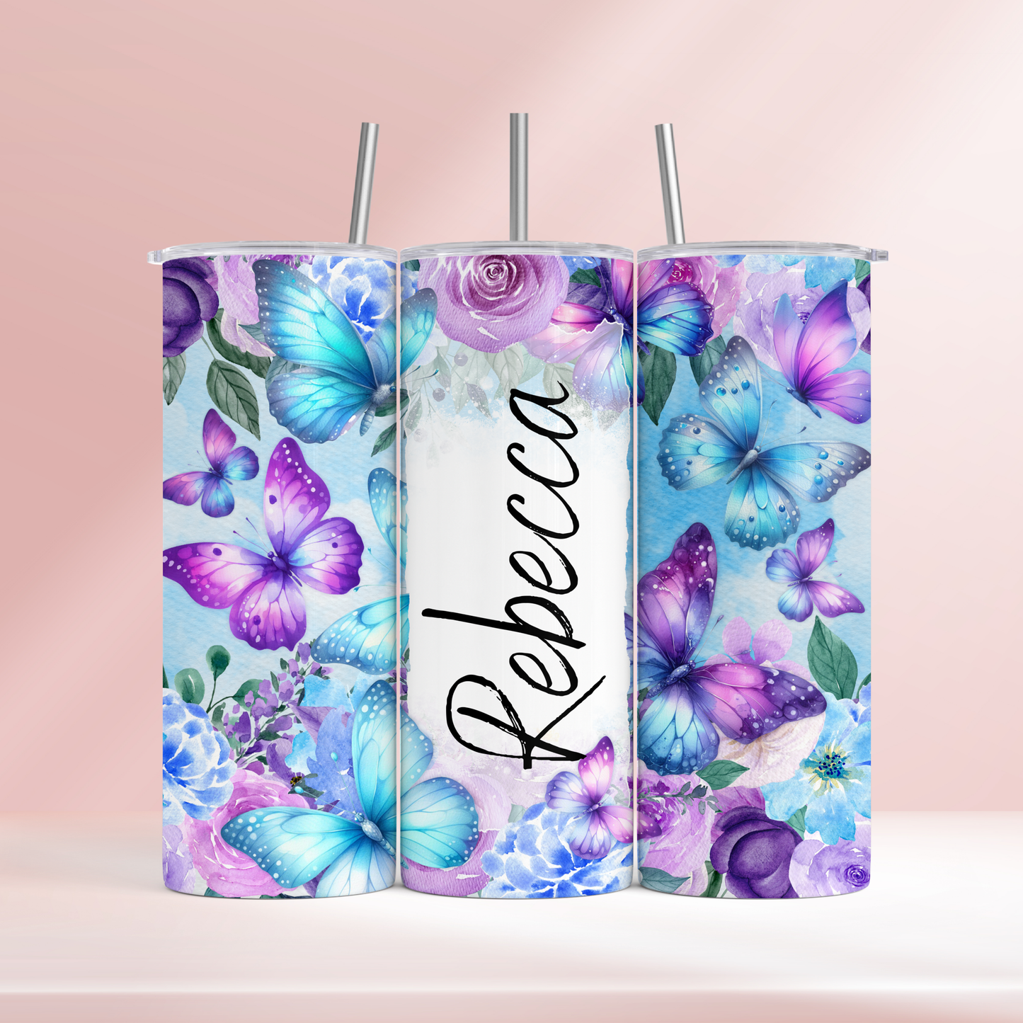 Personalised purple butterlies - 20oz tumbler
