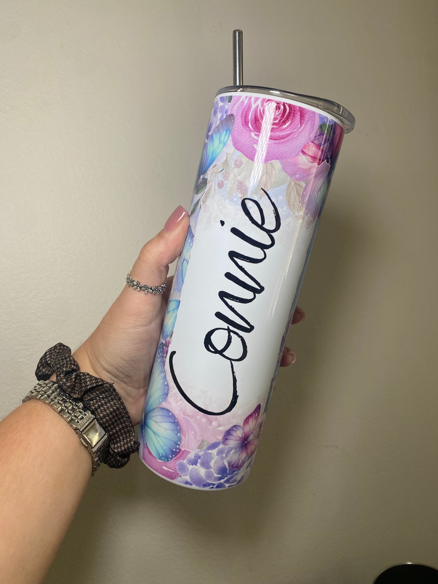 Mini me tumbler gift set - Personalised purple butterflies.