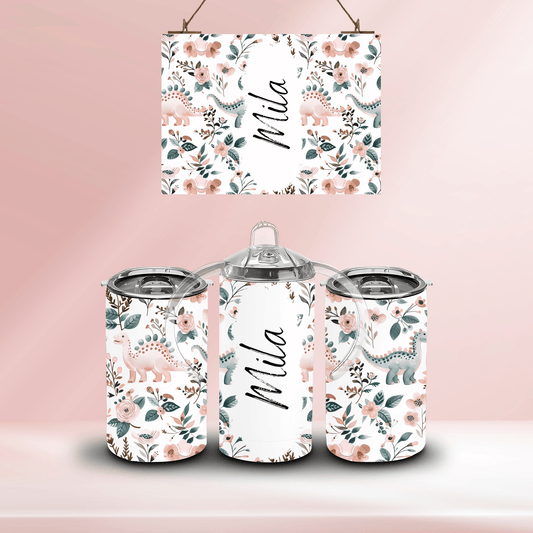 Personalised pink dinosaur - 12oz standard/sippy tumbler