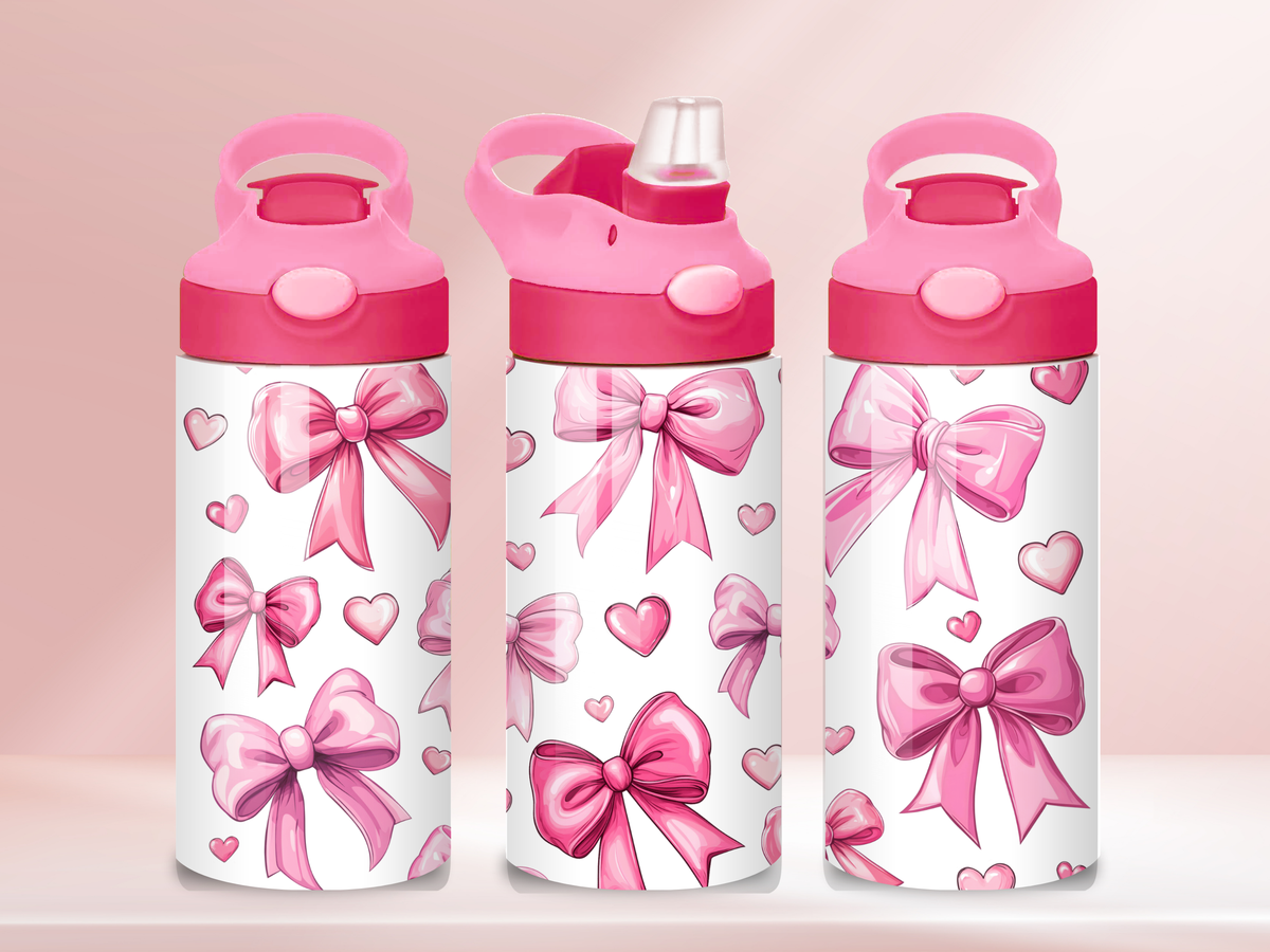 Pink Bows Personalised - 12oz flip straw water bottle