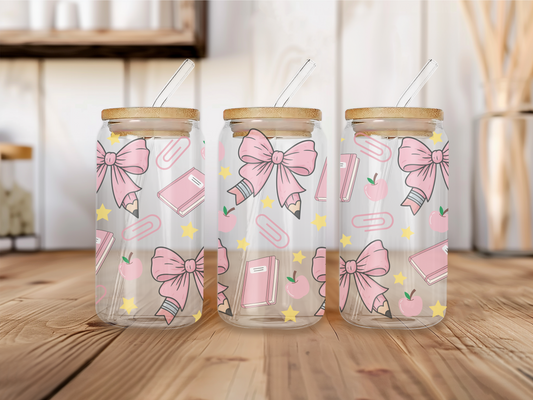 Teacher Coquette Pink Bows - 16oz Libbey can