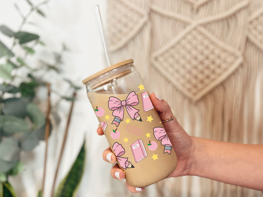 Teacher Coquette Pink Bows - 16oz Libbey can