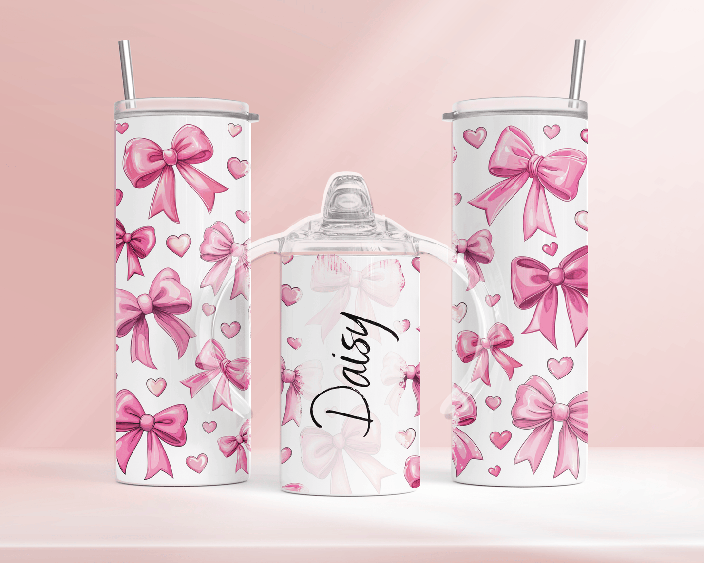Mini me tumbler set - Personalised pink bows.