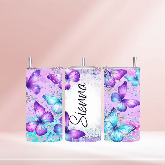 Purple butterflies personalised - 12oz standard/sippy tumbler